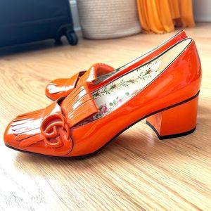 Gucci Vernice GG Marmont Fringe 50mm Loafers Pumps Deep Orange